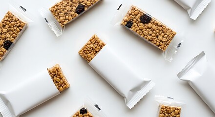 Overhead view of several individually wrapped granola bars, some with wrappers open, isolated on white background