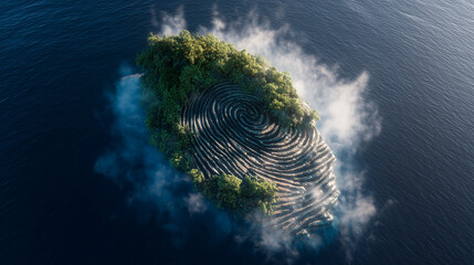 Floating island shaped like a human fingerprint above the ocean