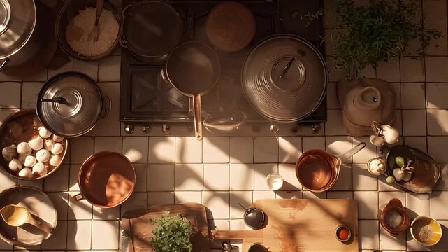 A cinematic overhead top-down shot of a sunlit rustic kitchen counter, showcasing traditional cooking items and fresh ingredients for a warm culinary scene.