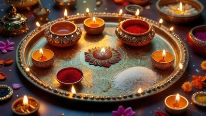Fototapeta premium Warm-lit Diwali arrangement with bowls, spices, candles on a golden tray and dark background