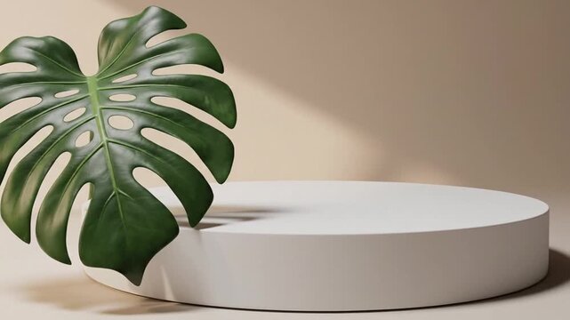 A vibrant, large green tropical leaf next to a white round podium against a neutral tan backdrop