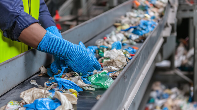 Recycling plant worker sorting materials on conveyor belt