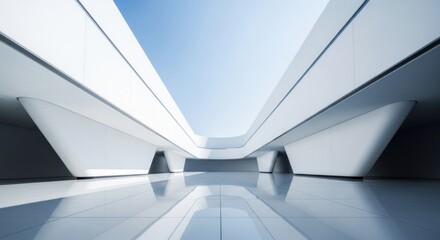 Futuristic white architecture with reflective floors and sky ceiling