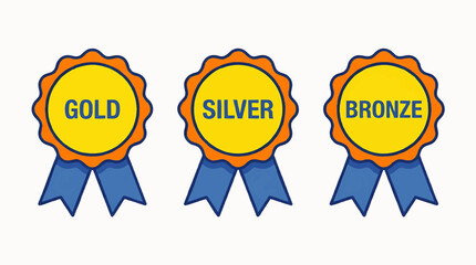 Set of three award badges featuring gold, silver, and bronze colors, ideal for recognizing achievement in competitions or events, designed with bright yellow text on vibrant circular backgrounds.