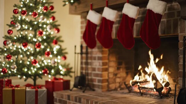 Christmas tree and fireplace in living room stocking decor and gift warm glow