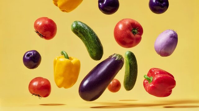 Bright vegetables float against pastel background including peppers tomatoes eggplant and cucumber celebrating healthy eating vegan cuisine and colorful food art