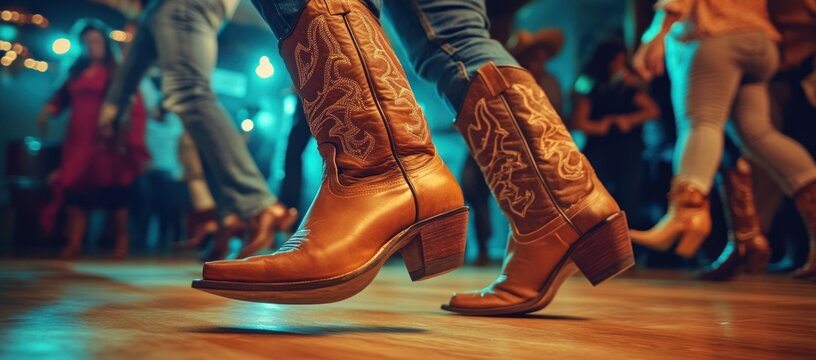 Line Dancing Frenzy: Cowboy Boots in Motion at a Vibrant Honky-Tonk Night