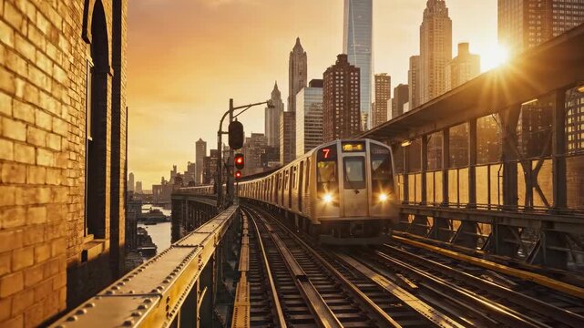 A subway train travels along elevated tracks toward a city skyline at sunset. The image is bathed in warm light, with the sun's rays partially obscured by the buildings.