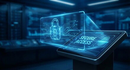 Holographic digital security interface displaying padlock and fingerprint scan for secure data access in server room