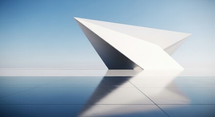 Modern white sculpture reflecting on water surface