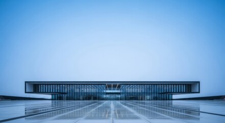Modern architectural building with reflective facade and clear sky