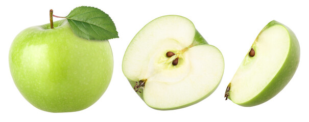 green apple with leaves (granny smith apple), half and slice isolated, transparent PNG, PNG format