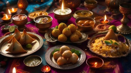 Festive Indian feast with diverse dishes, candles, and vibrant cloth
