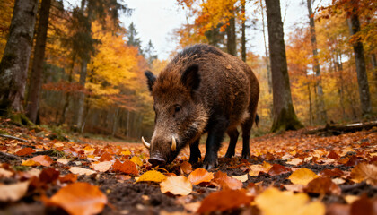 wild boar in autumn forest