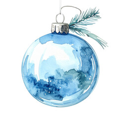 Blue watercolor Christmas ornament with pine sprig hanging festive decorative bauble, delicate reflective surface and painterly texture
