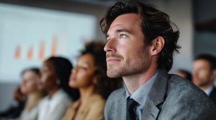 In a sleek conference room, a diverse group of professionals listens intently as a speaker presents compelling data on growth. The atmosphere is charged with focus and anticipation