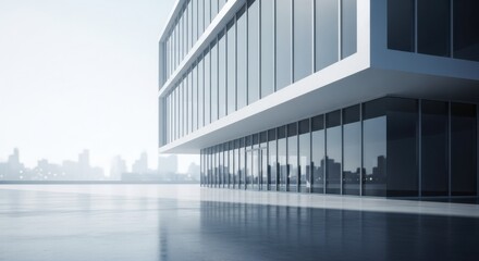 Obraz premium Modern glass office building reflecting city skyline in bright sunlight