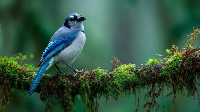 Blue jay perched on a mossy branch in a lush green environment