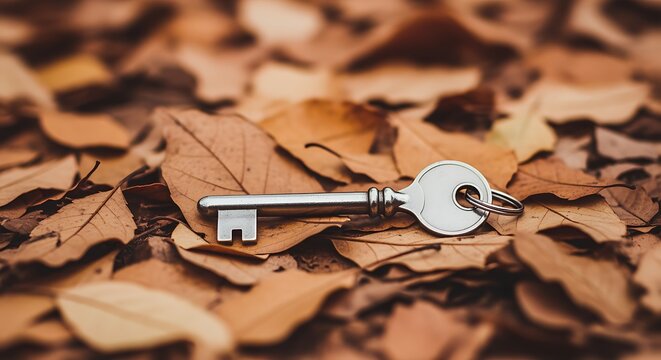 Key Laying Among Brown Autumn Leaves Lost and Found Concept