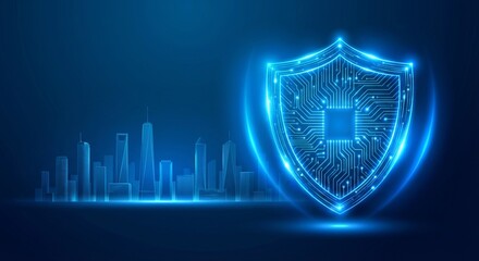 Glowing digital security shield hovers over a futuristic blue city skyline representing data protection concepts