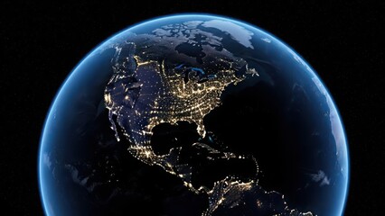 A stunning view of north america at night from space, illuminated by city lights