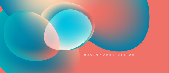 Abstract gradients overlap, creating fluid shapes. Colors blendblue, coral, peachforming dynamic background design. Soft transitions dominate composition.