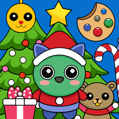 Kawaii Christmas Characters: Santa Cat, Tree and Presents Cute Illustration