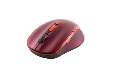 Red wireless computer mouse with scroll wheel isolated on a white background for technology and business use