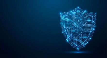 Glowing digital shield with integrated circuit patterns and biometric fingerprints symbolizes advanced cybersecurity protection