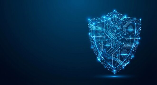 Glowing digital shield with integrated circuit patterns and biometric fingerprints symbolizes advanced cybersecurity protection - Powered by Adobe