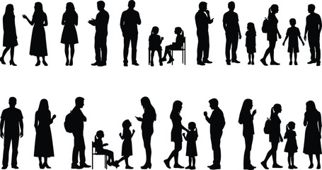 People silhouettes set showing adults and children standing walking talking, family crowd figures, black vector illustration isolated background white design