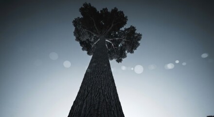Tall tree looking upward, monochrome, against pale sky with light flares