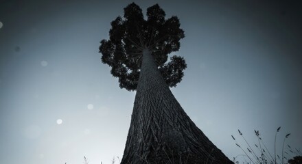 Tall tree reaching skyward, dark trunk, blurred grass foreground, muted color