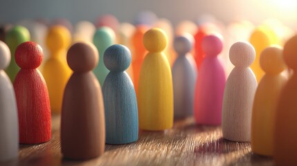 A diverse group of colorful wooden peg dolls standing together, symbolizing community, teamwork, and individuality