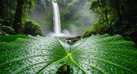 Tropical leaf with raindrops, waterfall backdrop, vibrant greenery