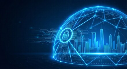 Futuristic digital security shield protecting a glowing neon city skyline with interconnected network lines and data