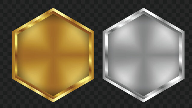 Two metallic hexagonal badges, one gold and one silver, with shiny borders and brushed textures.