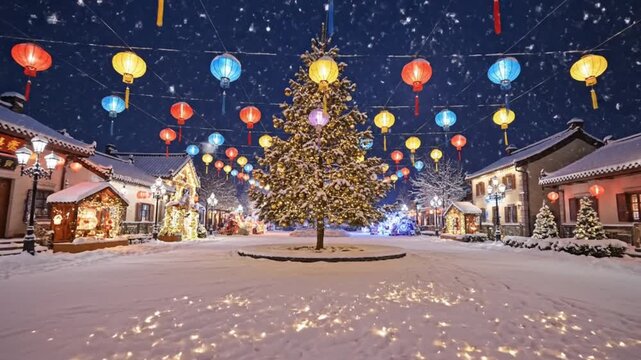A snowy city square on January 1, 2026, featuring a large Christmas tree with colorful lanterns and festive decorations after a New Year's celebration at morning.