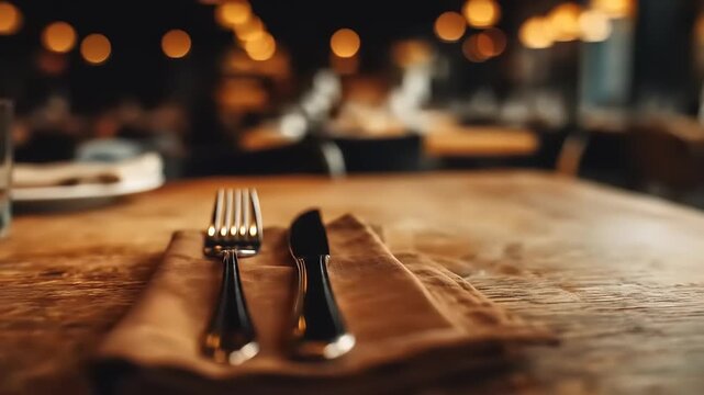 Close up of table setting with silverware and napkin in a restaurant