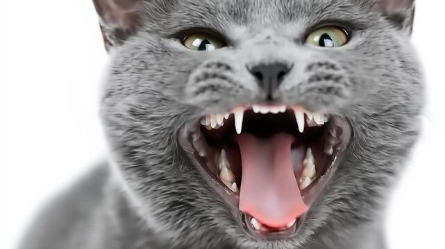 Close up view of angry grey cat showing sharp teeth against white background