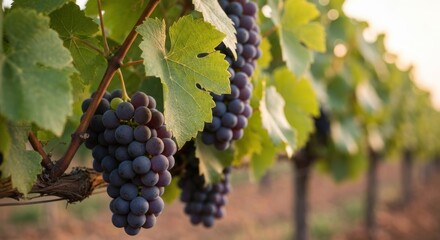 Vineyard row with ripe, dark grapes and green leaves in soft, blurred light