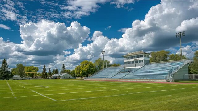 Under a blue spring and summer sky, a green football field with bleachers