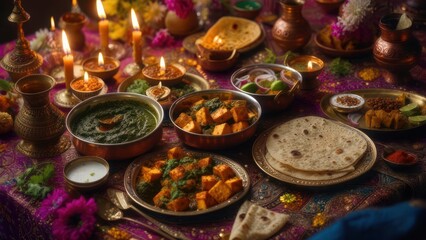 Fototapeta premium Exquisite Indian feast lit by candles on a richly patterned table, filled with various dishes
