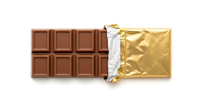 A delicious milk chocolate bar with a golden wrapper, isolated on white background