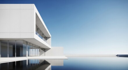 Obraz premium Modern white architecture reflecting in a calm infinity pool under a clear blue sky