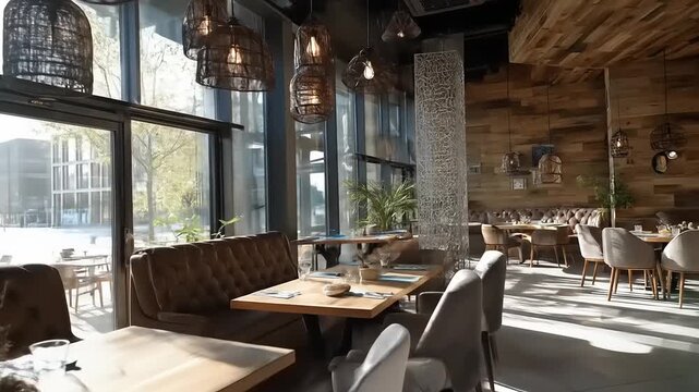 Elegant restaurant interior design with tables chairs and natural light