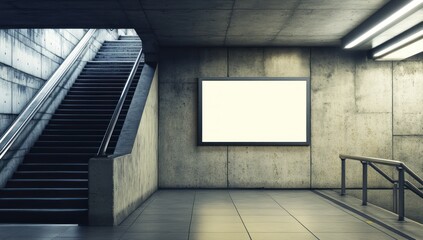 Subterranean transit interior with billboard and staircase in concrete