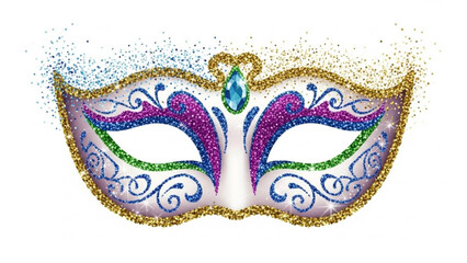 Mardi Gras Mask with Gold Glitter on White Background