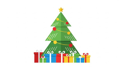 Green Christmas Tree with Colorful Gifts and Decorations