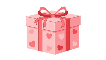 Pink Gift Box with Red Ribbon and Hearts